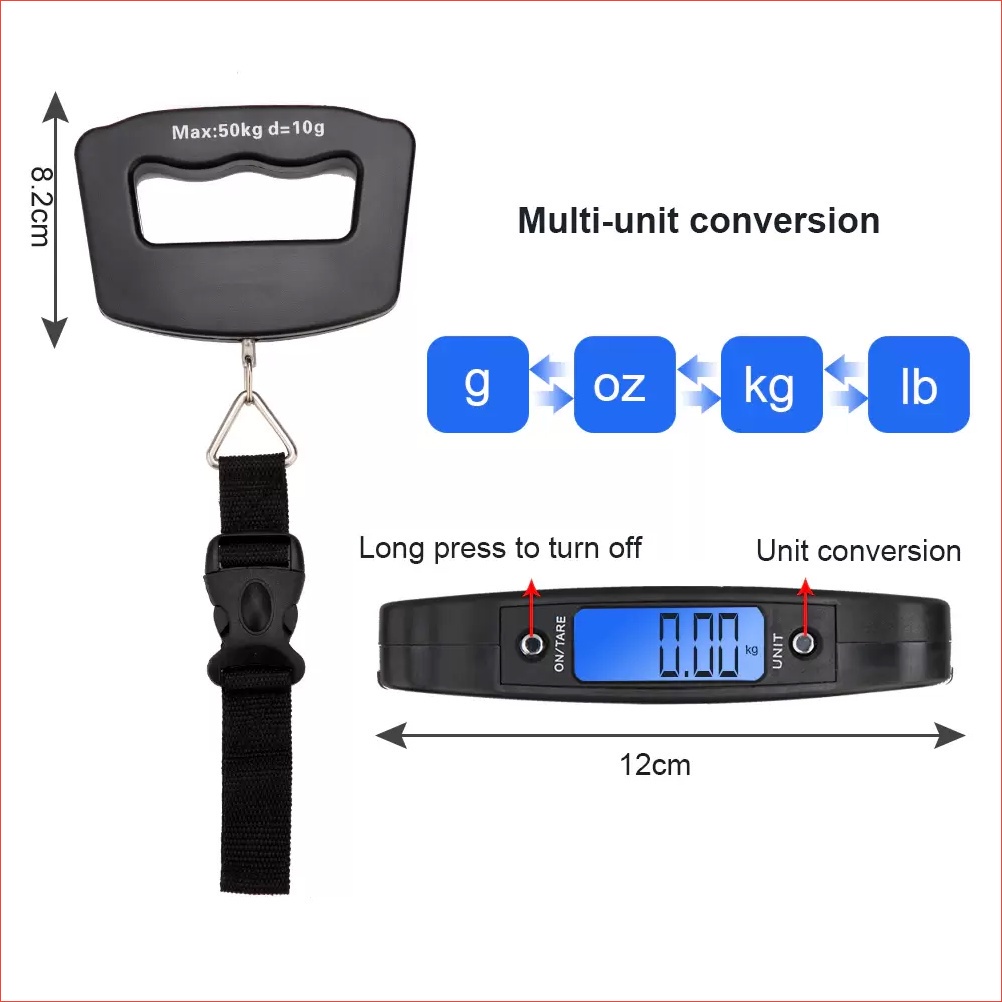 Cân hành lý điện tử cầm tay, cân treo mini 50kg dùng pin AAA màn hình LCD, cân vali, hàng hóa, hành lí du lịch.