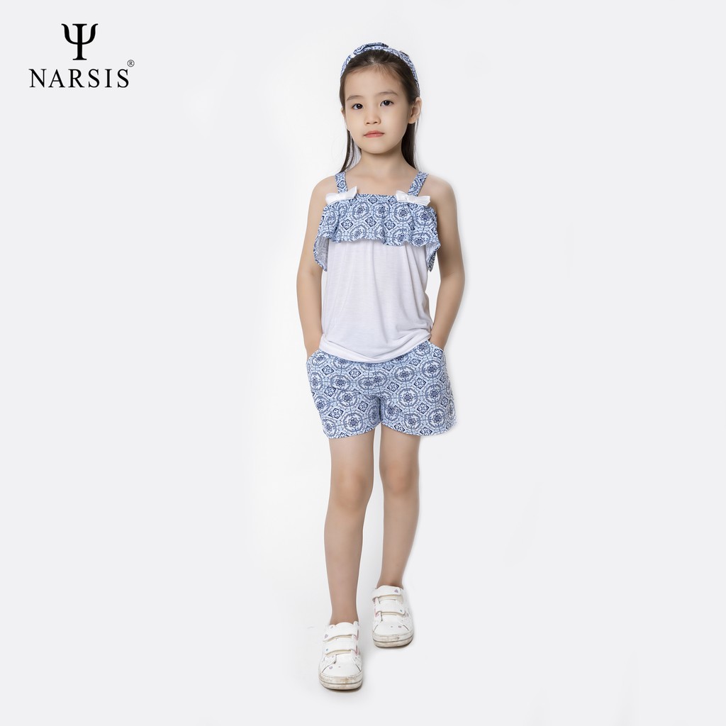 Bộ đồ hè bé gái Narsis KM0066 trắng ép xanh nhạt hoa văn
