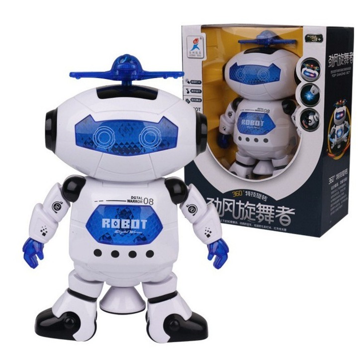 Đồ chơi Robot trắng xanh nhảy múa xoay 360 độ có đèn và nhạc
