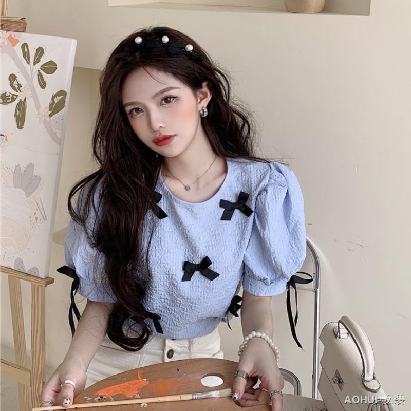 💕AOHUI💕Áo Sơ Mi Tay Phồng Đính Nơ Thời Trang Mùa Hè Hàn Quốc Cho Nữ