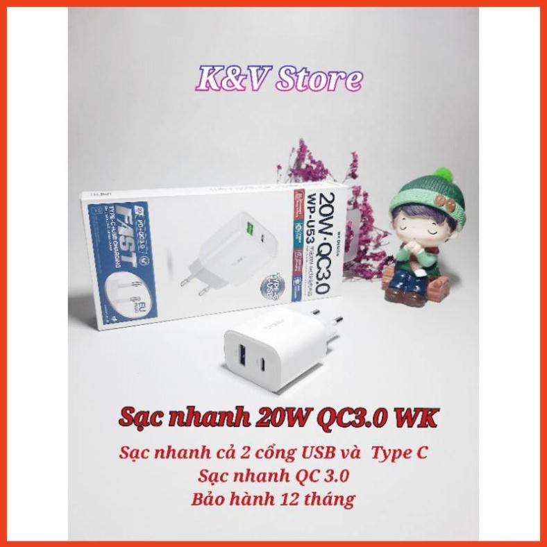 Sạc Nhanh 20W QC3.0 Wekome U53, Sạc Nhanh Cho Tất Cả Các Loại Điện Thoại, 2 Cổng Sạc Độc Lập USB và Type C