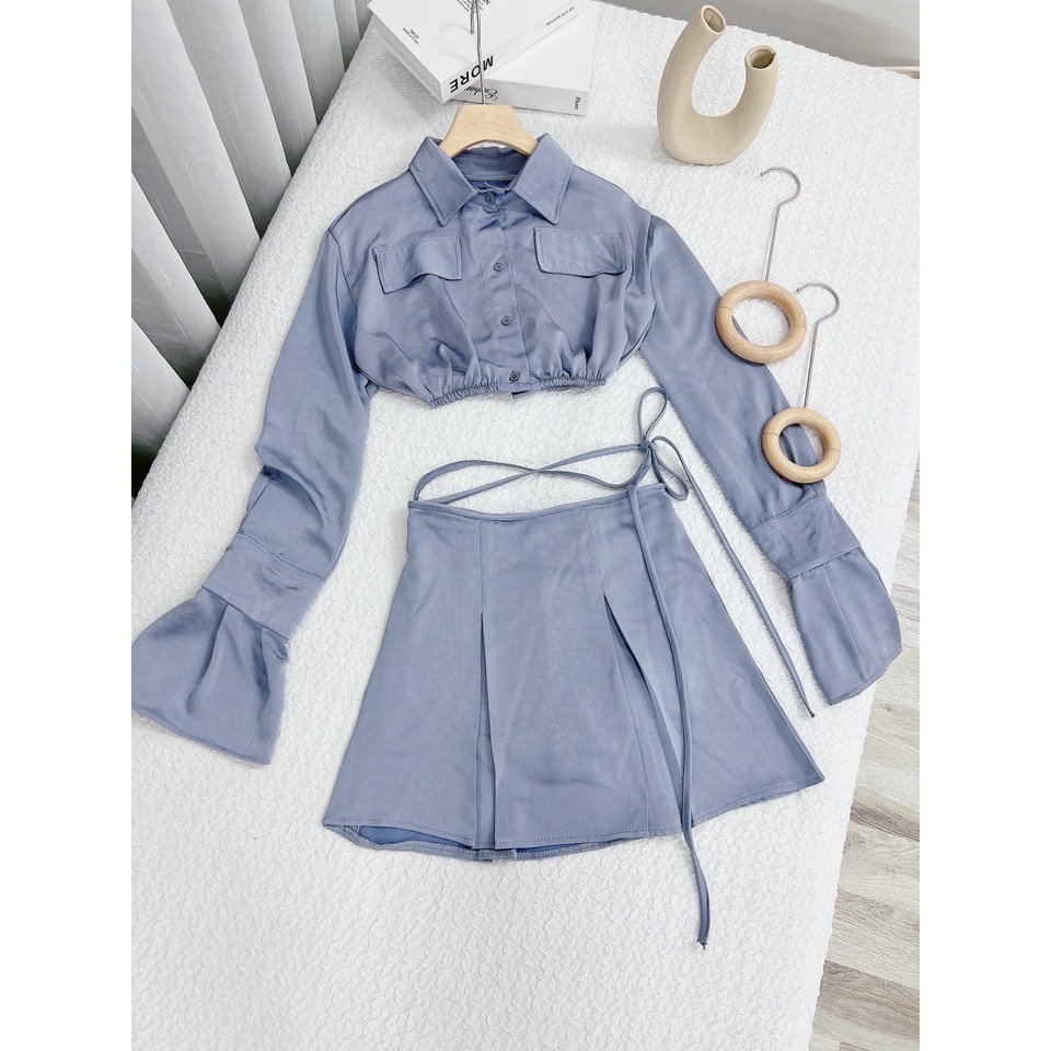 SET ÁO CROPTOP TAY LOE VÀ CHÂN VÁY CỘT NƠ EO
