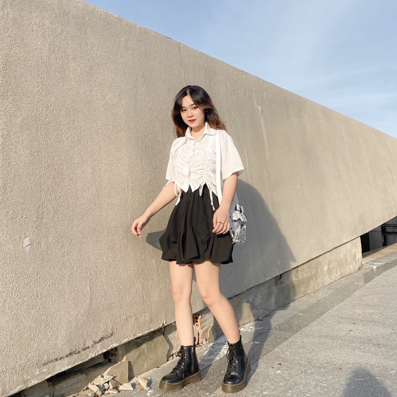 KOREA SET - ÁO SƠ MI TRẮNG RÚT 2 BÊN + CHÂN VÁY XOÈ CÁCH ĐIỆU BÈO | BigBuy360 - bigbuy360.vn