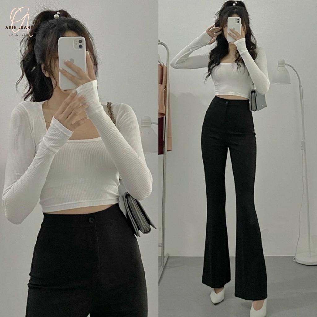 Quần Tây Nữ Ống Loe Akin Jeans Cạp Cao Dáng Dài Siêu Tôn Dáng Phong Cách Hàn Quốc, L1C Qc