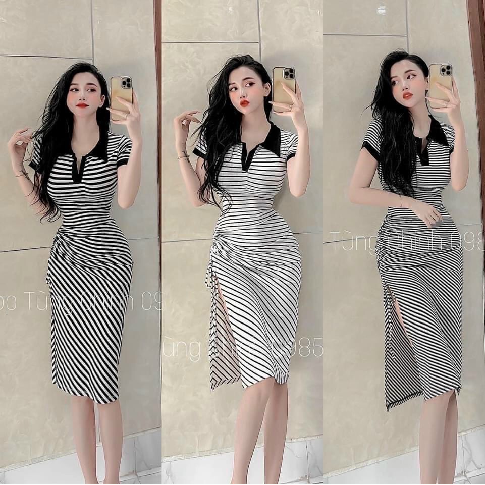 Đầm thun dáng dài cổ sơmi sẻ tà, váy nữ ôm body rút dây bên hông, đầm nữ rút dây hông trẻ trung xinh đẹp dể phối đồ