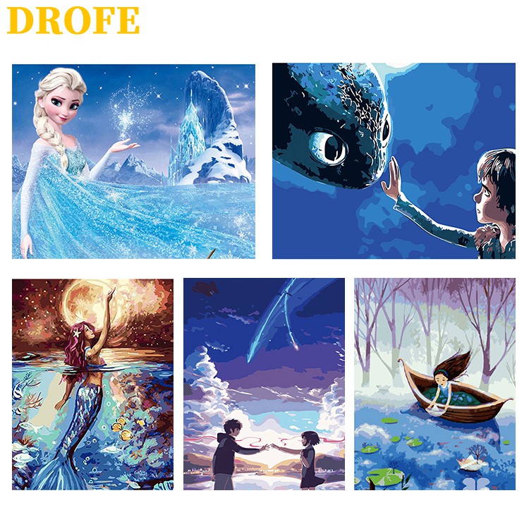 Set tranh tô màu số hóa DIY DROFE nhiều mẫu hoạt hình tùy chọn 40x50cm dành cho trẻ em