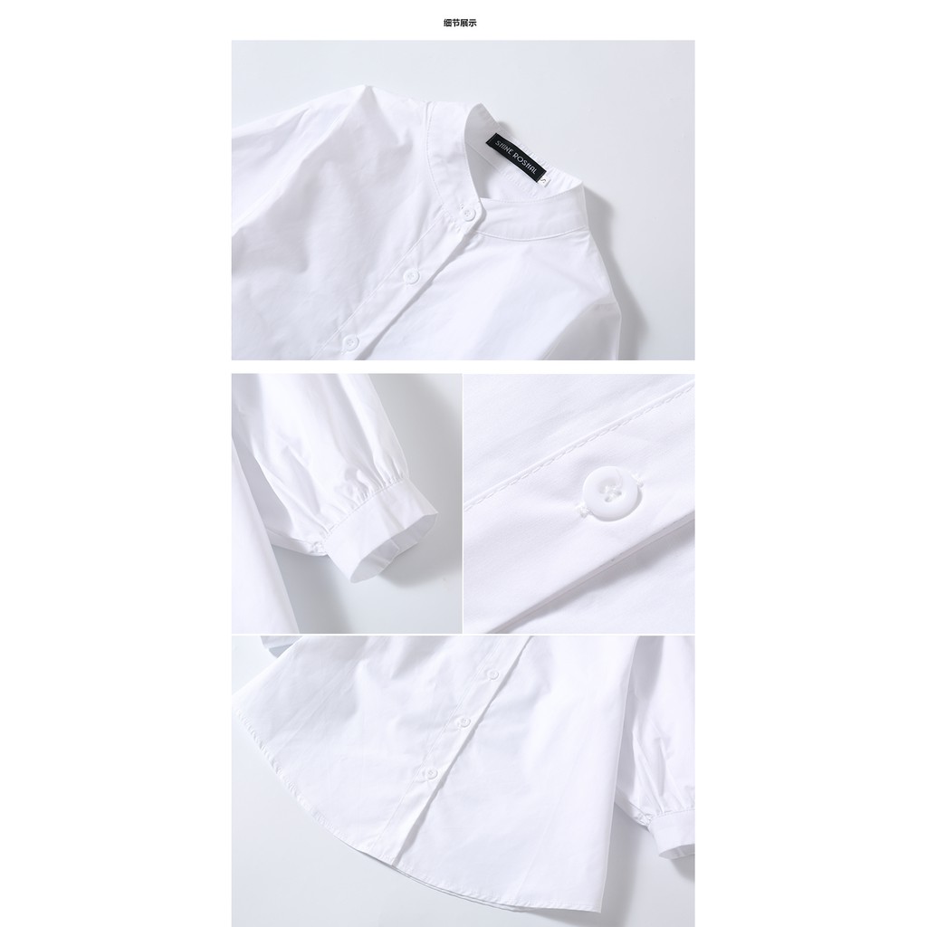 Áo sơ mi trắng nữ cổ tàu tay phồng Madela, áo kiểu nữ form rộng phong cách hàn quốc - ASM01 | BigBuy360 - bigbuy360.vn