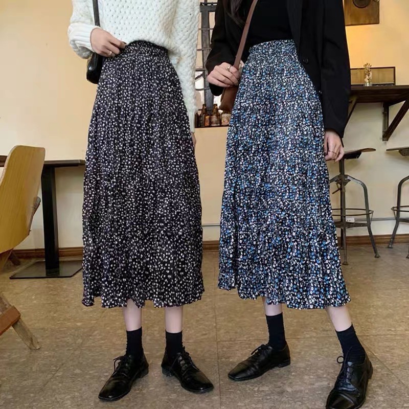 Chân váy hoa nhí xếp ly vintage dáng dài