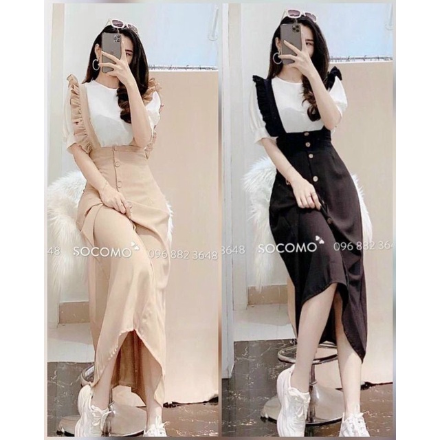 0N8-video khách quay sét bộ váy yếm dài đính bèo 2 dây nút phối áo thun con trắng tay ngắn đen nude TASA