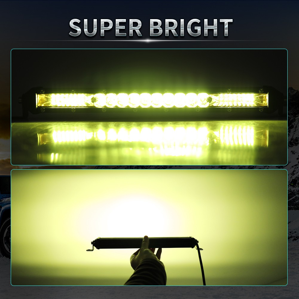 UNI-SHINE 7 inch 10 inch 20 inch hàng đơn Thanh ánh sáng LED mỏng 3000K Điểm lũ lụt màu vàng Thanh ánh sáng xe tải offroad cho ô tô ATV UTV Fog