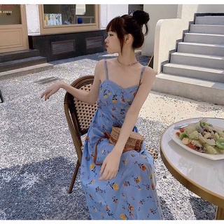 Đầm midi 2 dây hoa thắt nơ lưng
