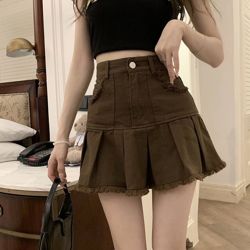 Chân váy jean Chữ A Lưng Cao Xếp Ly Xinh Xắn Dành Cho Nữ