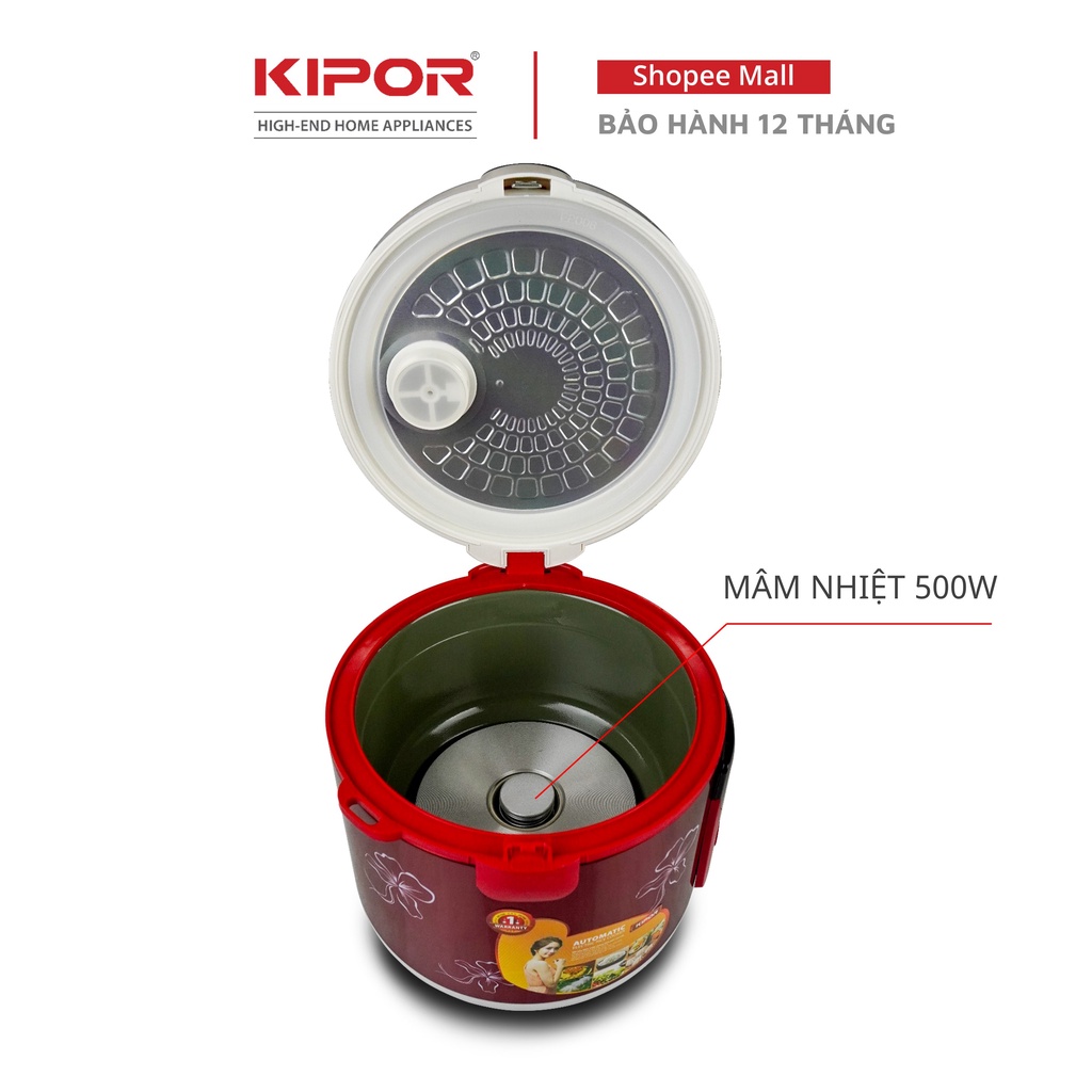 Nồi cơm điện KIPOR KP-N25912 - 1.2L - Phủ chống dính HOÀNG KIM, Nồi cơm có tặng kèm vỉ hấp - Bảo hành tại nhà 12 tháng