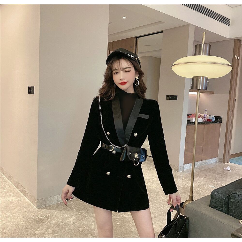 (HÀNG ORDER) Áo vest blazer nhung đen kèm thắt lưng túi nhỏ thanh lịch (có hình thật)