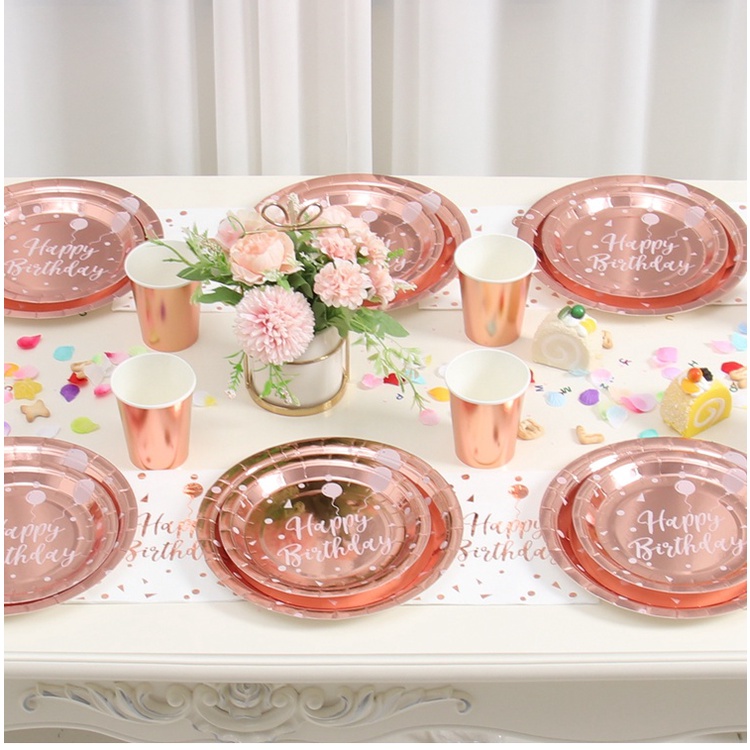 Set đĩa/ cốc/ khăn giấy màu vàng hồng dùng một lần cho tiệc cưới/ sinh nhật