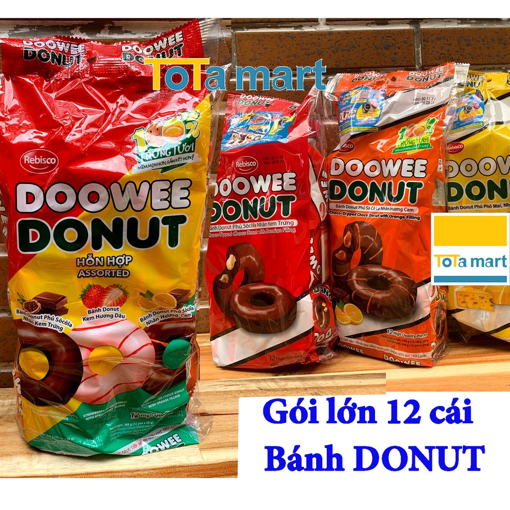 (Mới NSX: 07,08/2022) Bánh Donut DOOWEE gói 360g 12 cái đủ vị.