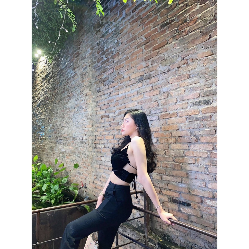 Áo Croptop nhung đen quấn ngực HAC64 - Hỉn Hỉn Store