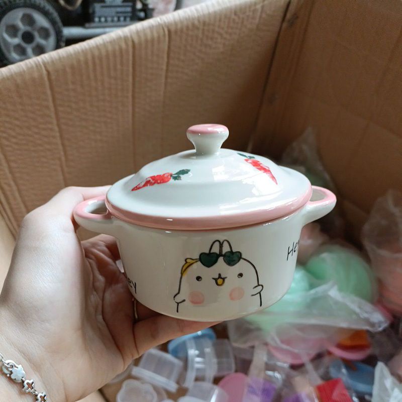 Bát sứ có nắp cho bé ăn dặm hoạ tiết xinh xắn