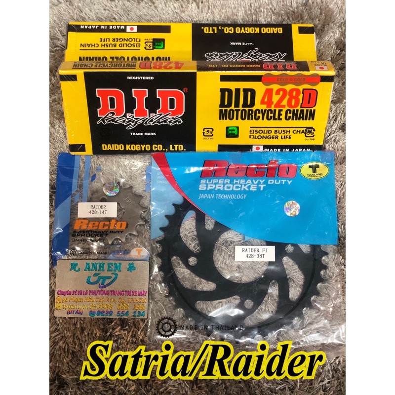 Nhông Dĩa Recto ,Sên DID 9Ly Satria/Raider Fi, Size 14 + 38 Chính Hãng Tem Xanh