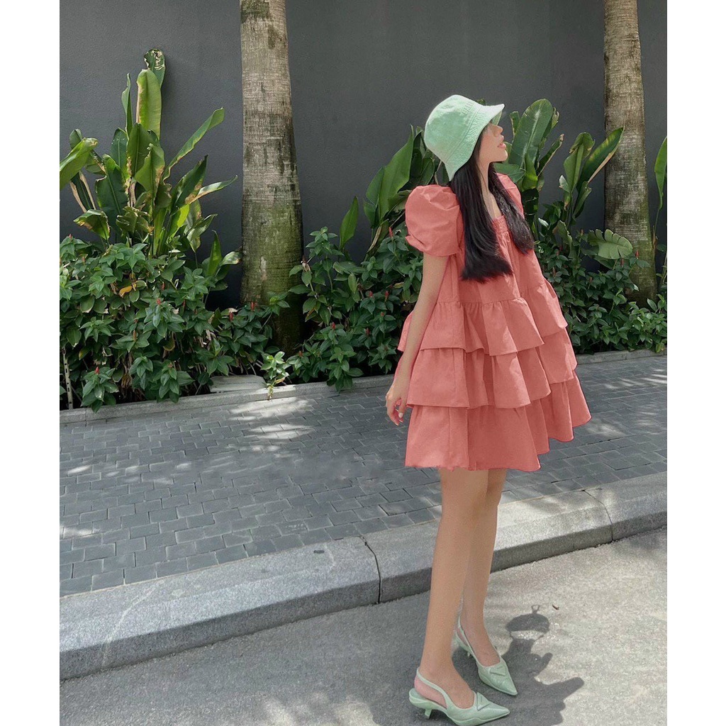 đầm baby cổ vuông tay ngắn bồng kiểu tầng y hình