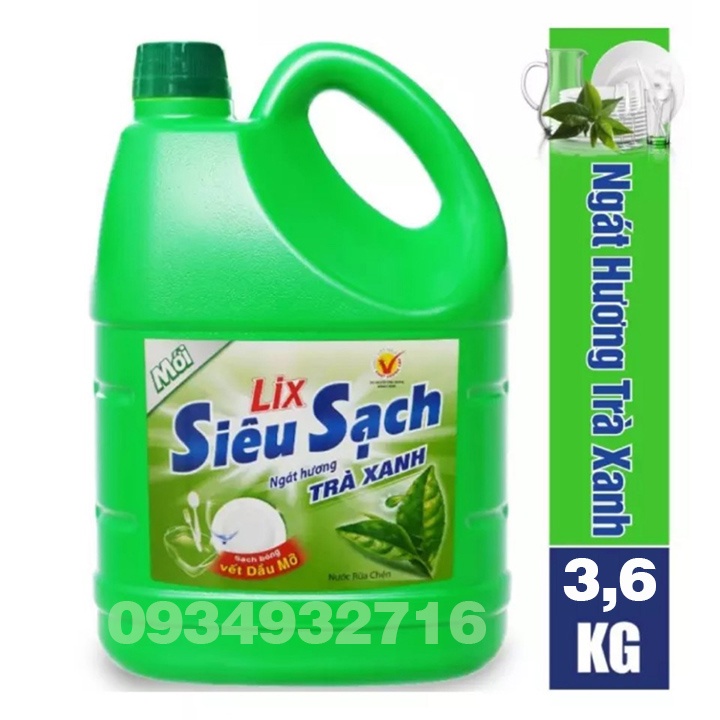 Nước Rửa Chén Lix Siêu Sạch Hương Trà Xanh 3,6 Kg- Sạch Bóng Vết Dầu Mỡ