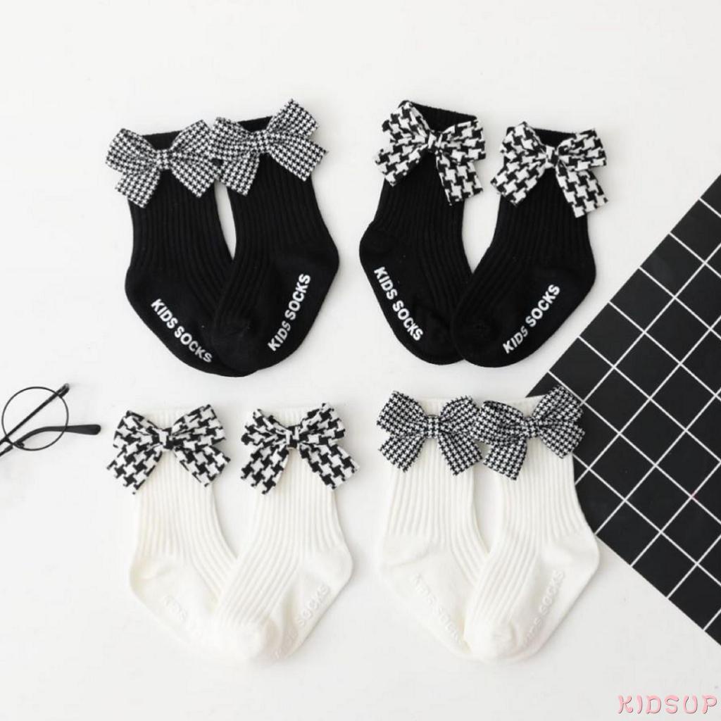 KIDSUP-Little Girl’s Autumn and Winter Socks Fresh Plaid Bow Calf Length Cotton Warm Stockings 0-3 Years