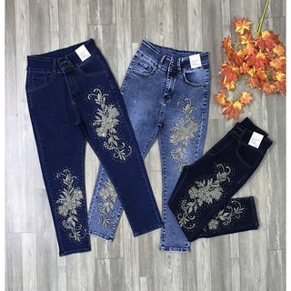 Quần jean nữ 9 tấc lỡ thêu hoa lưng cao 2 nút co giãn mạnh ảnh thât