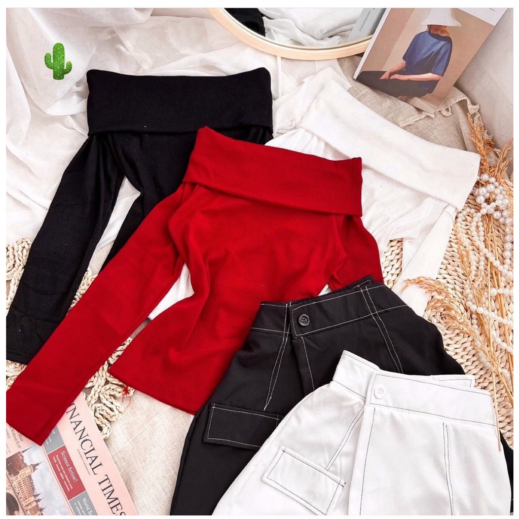 Áo bẹt vai bản tay dài body sexy , chất thun gân mềm mịn  ( ảnh thật ) pc