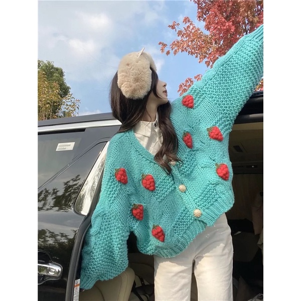 Áo khoác len dài tay dày dặn hình dâu tây hàng loại 1 chuẩn Quảng Châu