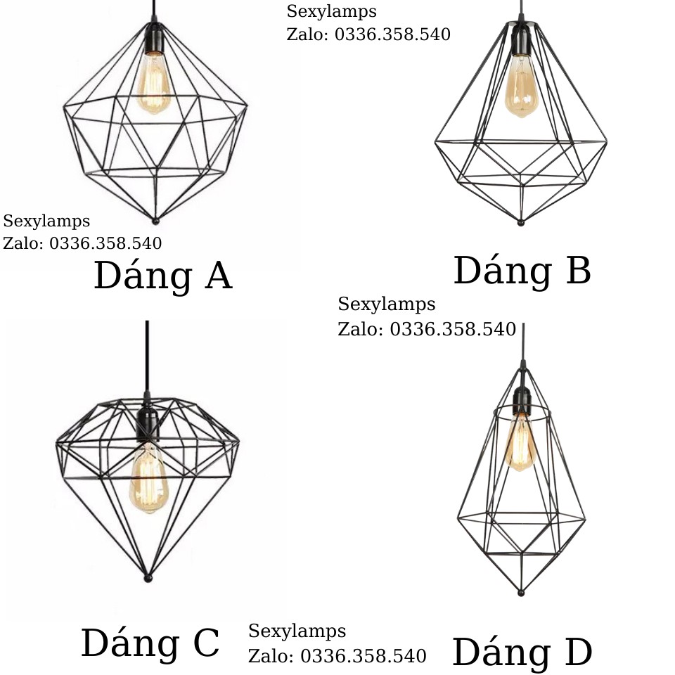 Đèn Thả Kim Cương nhiều dáng Trang Trí Phòng, Bàn Ăn, Quán Cafe. Tặng Bóng Led Thủy Tinh