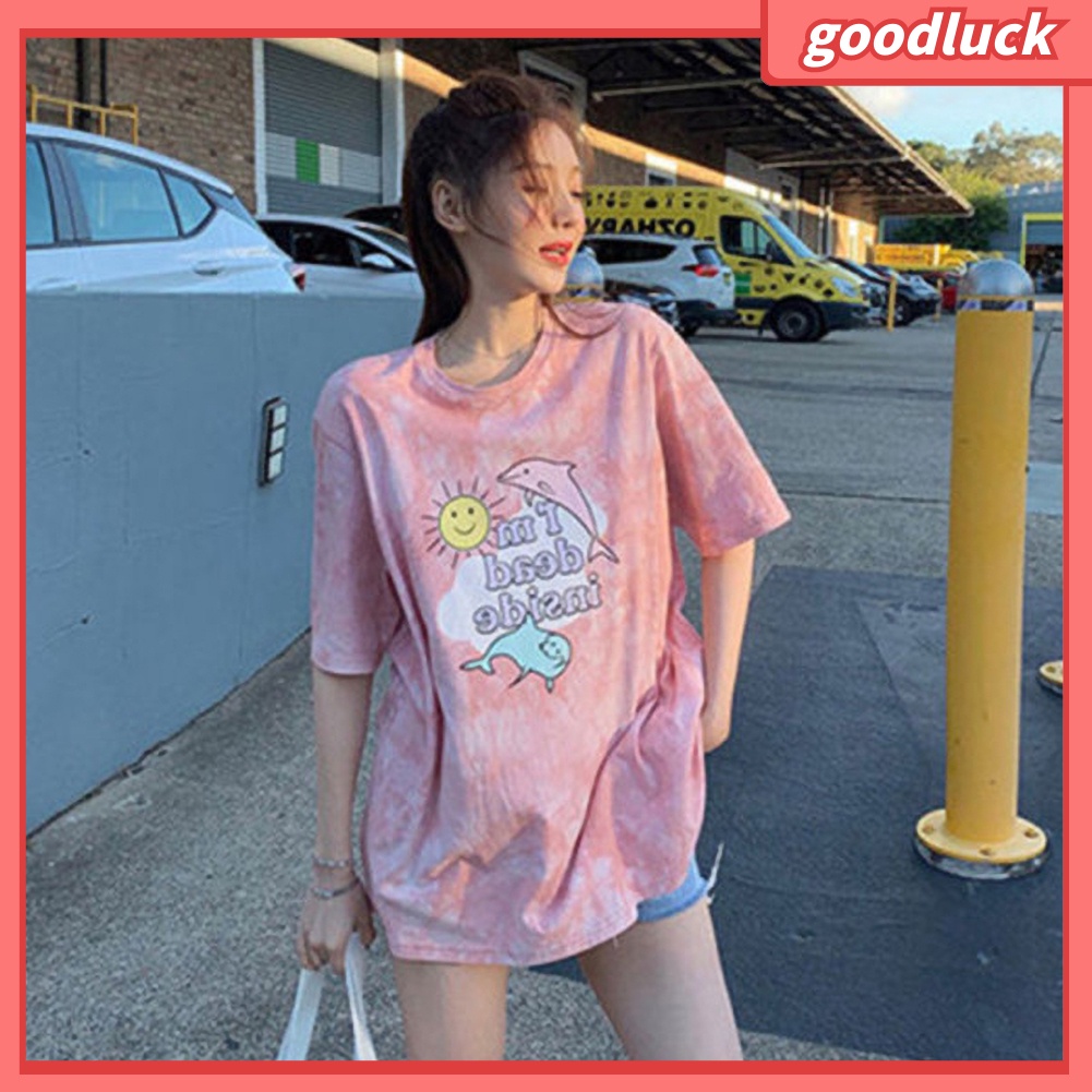 Áo thun tay ngắn nữ Cổ Tròn Tay Ngắn Phối Màu In Hoa