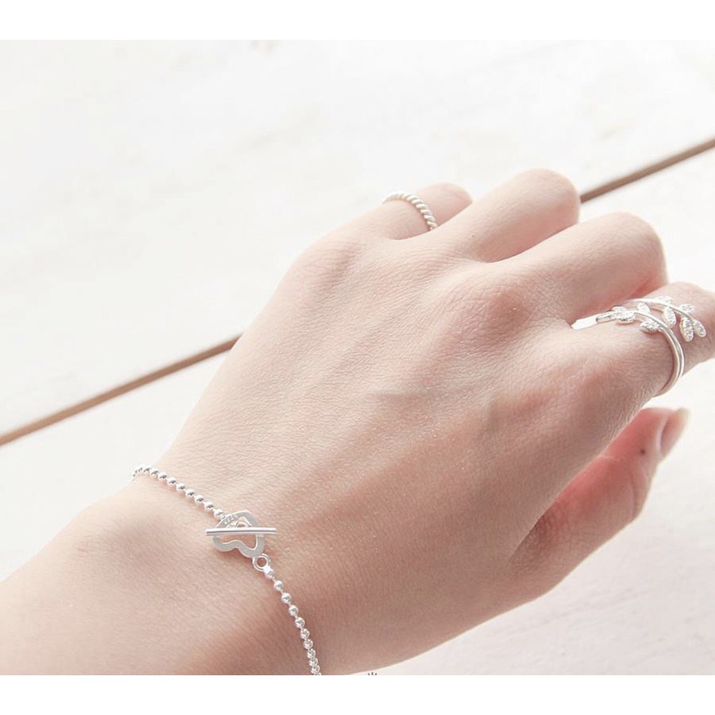 Lắc tay bạc nữ TLEE dây bi tim chốt cài bạc 925 cao cấp TleeJewelry LT0148