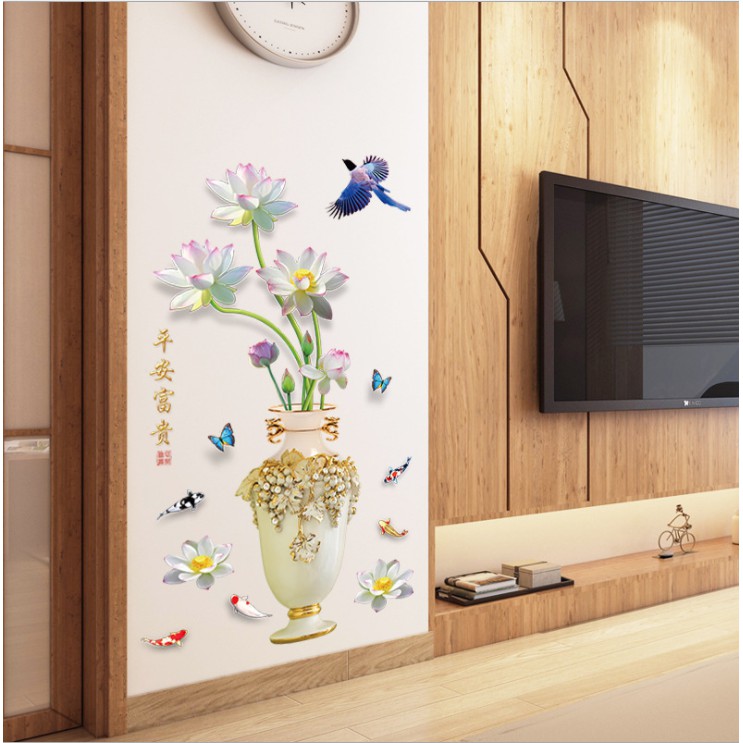 decal trandg trí   dán tường bình hoa sen cá chim