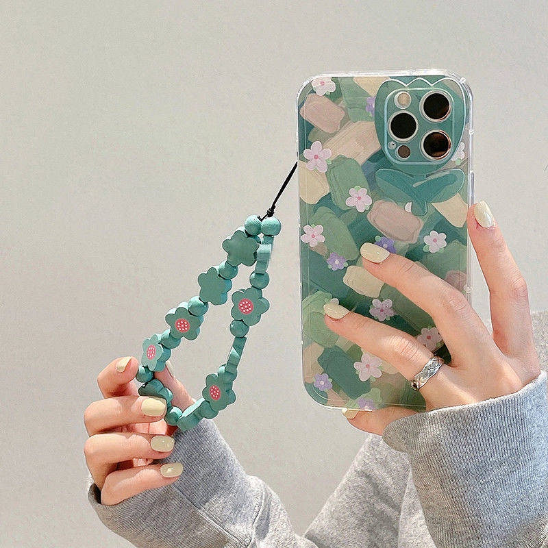Green Oil Painting Flower Iphone13/12pro Apple 11/XR Phone Case Xs/Max Chain 7/8Plus Female BEtx