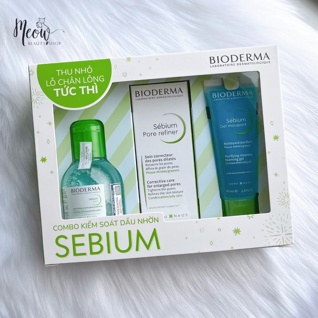 Combo Box Bioderma dưỡng da dầu mụn - Sebium Gel moussant 45ml + Sebium Pore Refiner 30ml + Sebium H2O 100ml