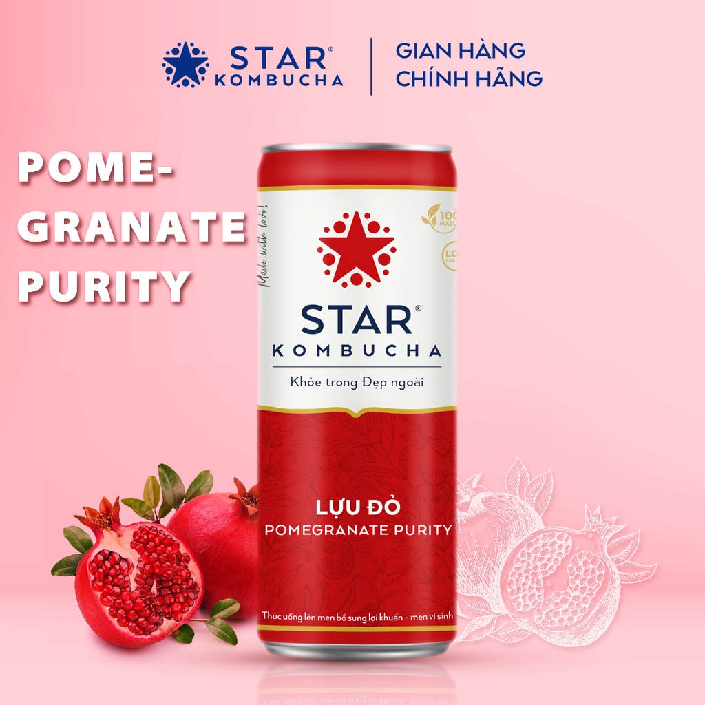 Lốc 6 lon trà lên men STAR KOMBUCHA hữu cơ vị Lựu Đỏ / Pomegranate Purity (250ml/lon)