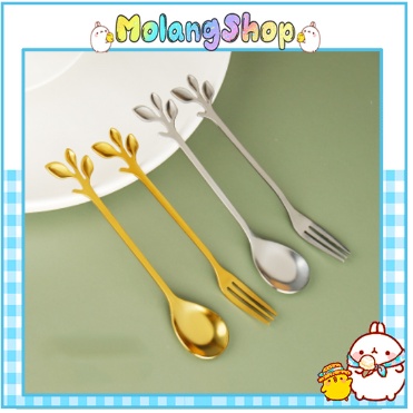 Thìa - Dĩa Mini Cao Cấp Mạ Vàng/ Bạc Phủ Bóng Sang Trọng Vintage - Thìa Cafe Hình Lá Độc Đáo Molangshop