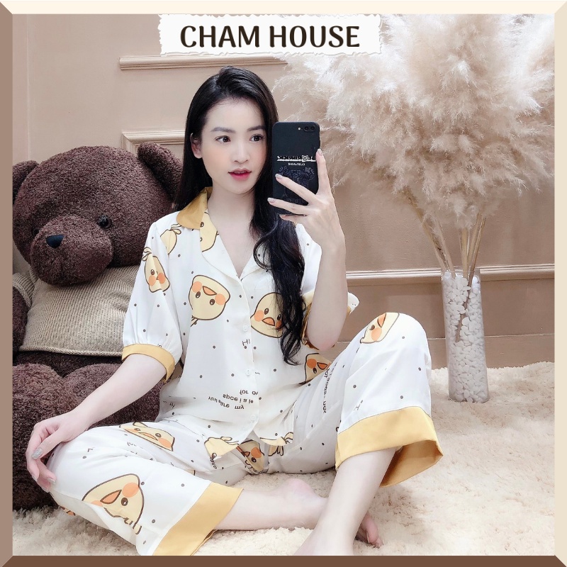 Đồ bộ pijama lụa tay ngắn quần dài chất mềm mịn thoáng mát