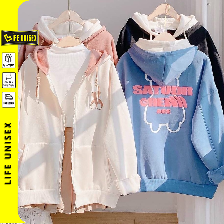 Áo Khoác Hoodie Nỉ GẤU SATUDR Nam Nữ Ulzzang Unisex Dây Kéo, Áo Khoác Nỉ Form Rộng LIFE UNISEX