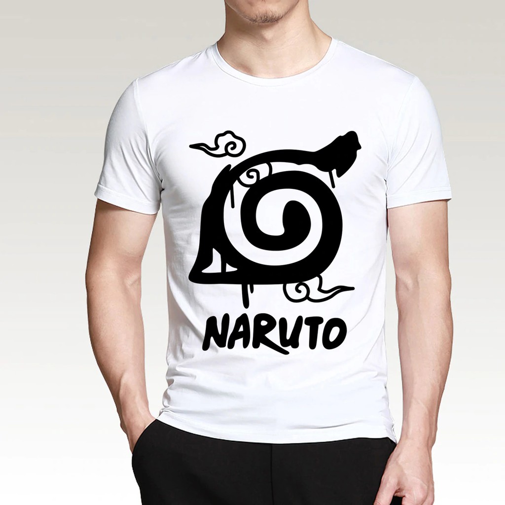 Áo thun cotton nam giản dị họa tiết biểu tượng làng Lá và chữ "Naruto"