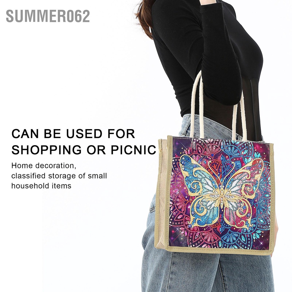 Summer062 5D Rhinestone Tranh Tote Bag Trau dồi tính kiên nhẫn Thưởng thức mô hình con bướm DIY Túi văn học cho Art Craft Trang trí nội thất Dã ngoại