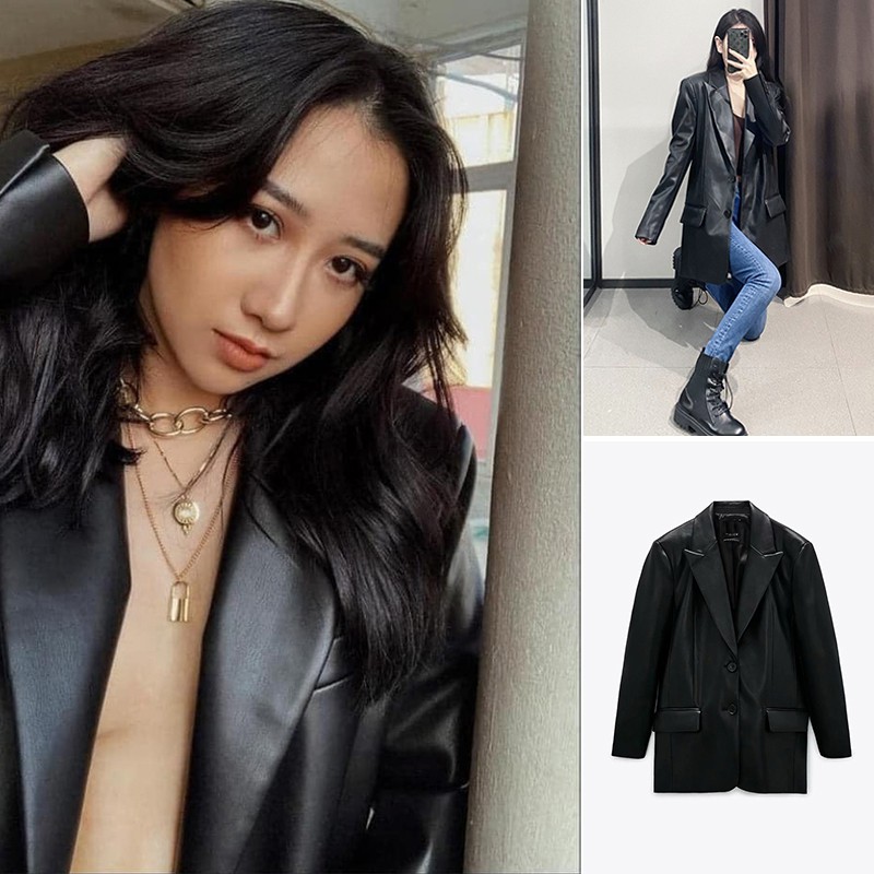 ÁO KHOÁC BLAZER ZRA NỮ OVERSIZE DA MÀU ĐEN - 1255/703 NoBrandLeather