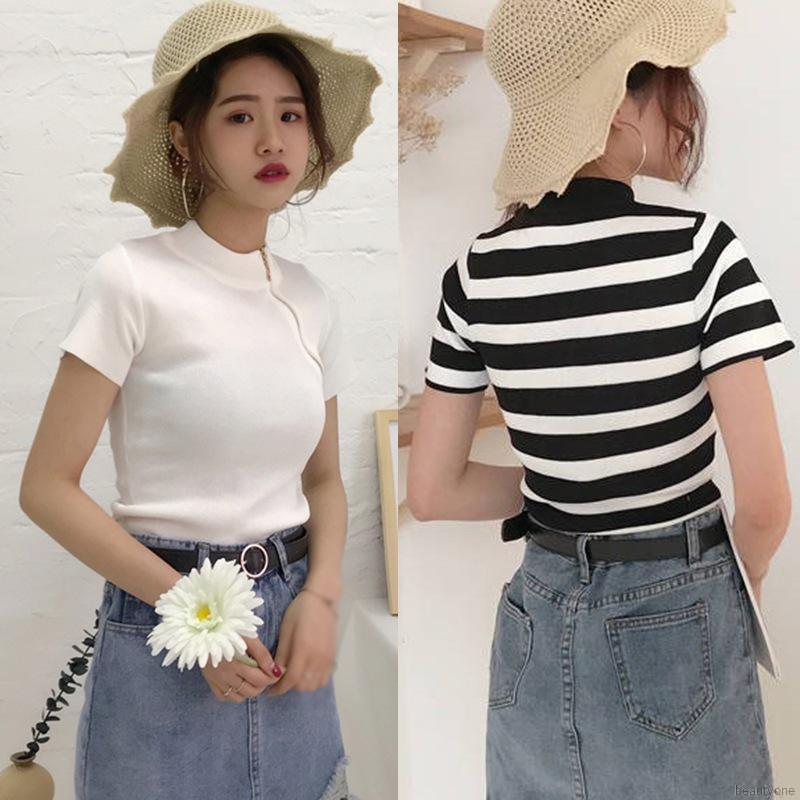 Áo dệt kim tay ngắn phối khoá kéo phong cách Hàn Quốc