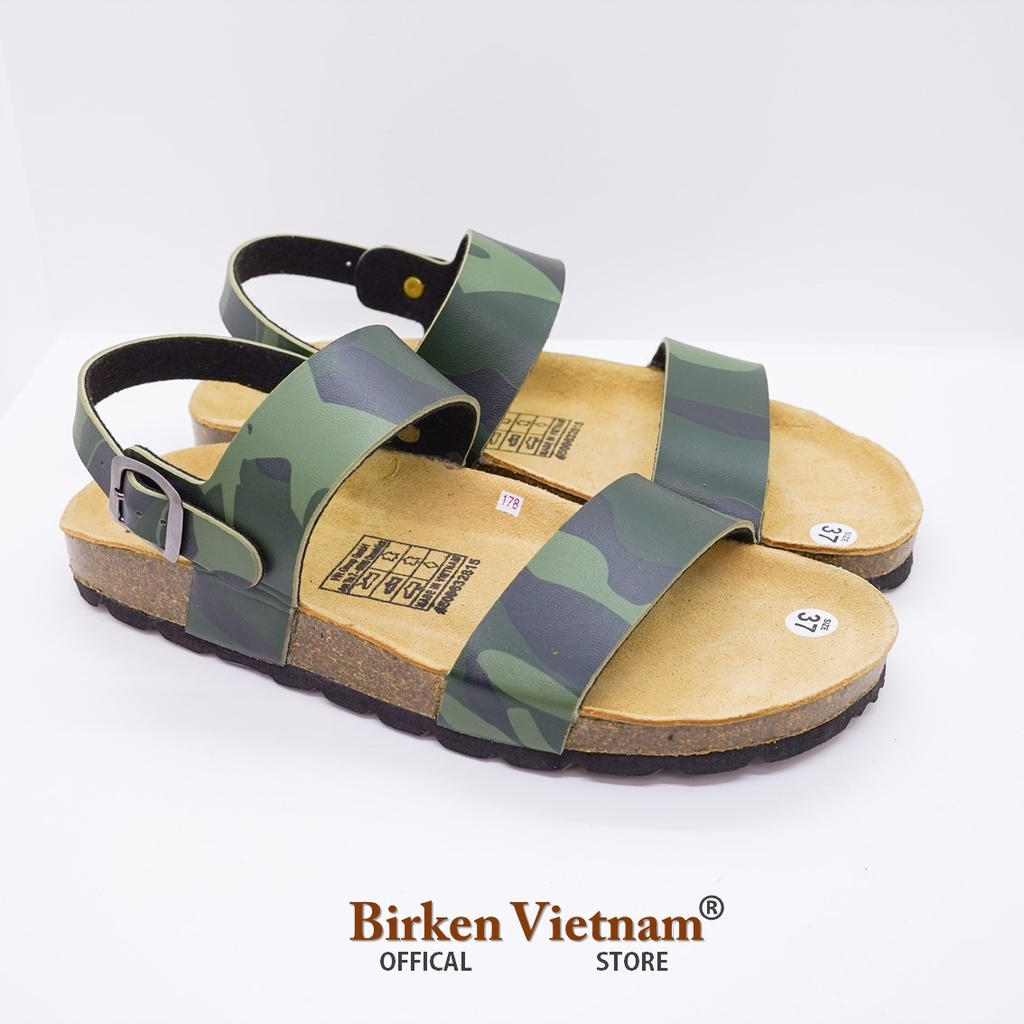 Mã R15 Sandal ĐẾ TRẤU Da PU Camo Rằn Ri Hai Quai Ngang Unisex Birken Vietnam Bioline