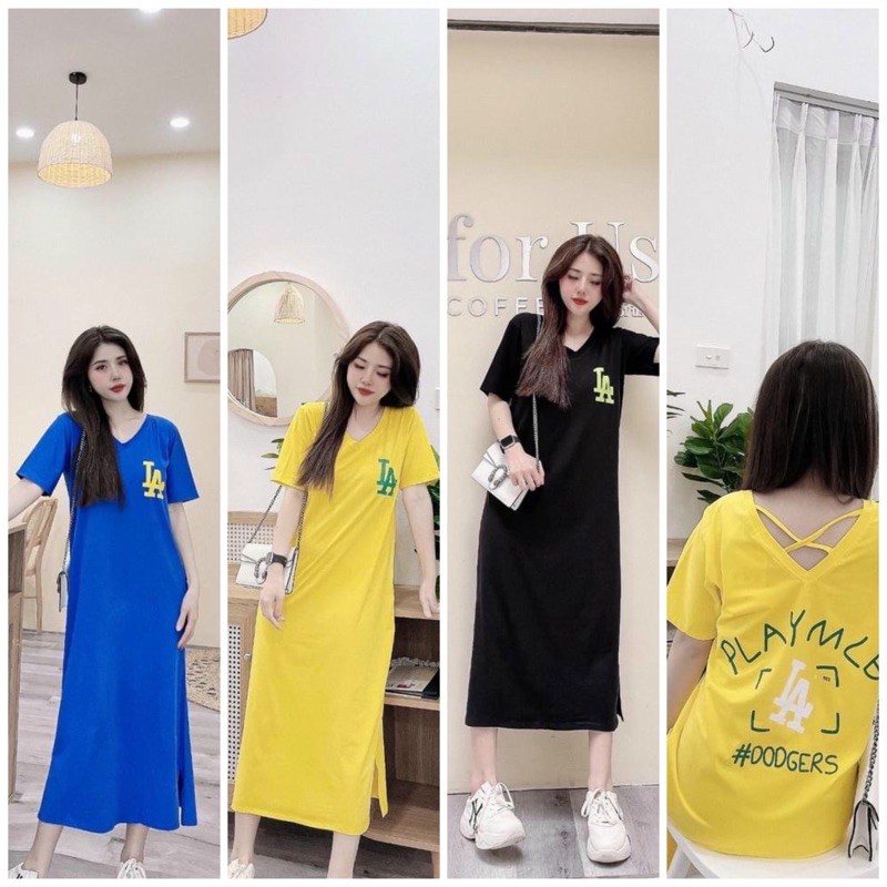ĐẦM SUÔNG-Váy suông cotton L.A đan dây lưng dáng dài cỏ xẻ