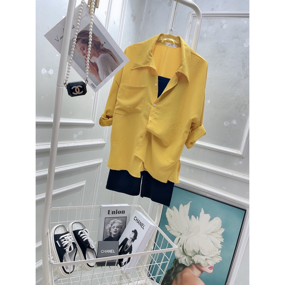 Set bộ nữ đi chơi 3 món, set áo 2 dây  quần legging lửng kèm áo sơ mi vàng khoác ngoài,  bộ đi biển trẻ trung, xinh xắn
