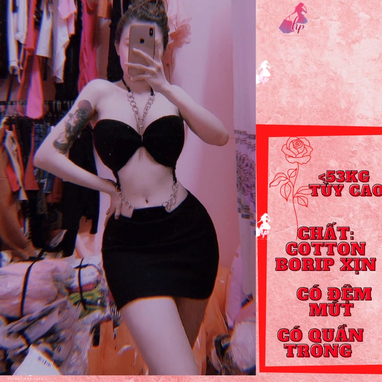 Váy cổ yếm sexy, đầm body cúp ngực hở eo dáng ngắn tôn dáng phối xích sang chảnh thun xịn kiểu dáng hàn quốc VD212