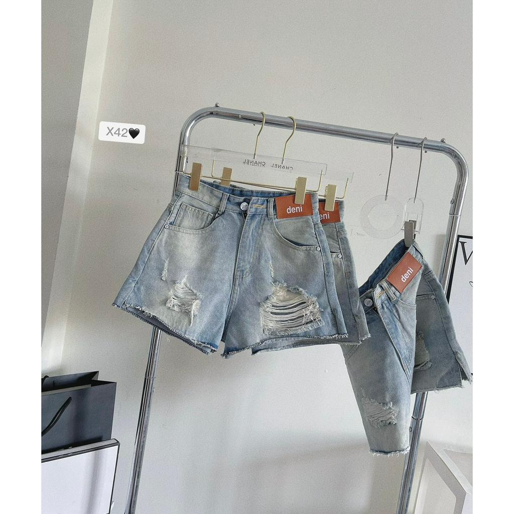 [SODM42] QUẦN SHORT JEAN ĐÙI NỮ LƯNG CAO RÁCH 2 MẢNG ĐÙI MẠC NÂU CHỮ DENI XẺ LAI LAI TUA MÀU XANH NHẠT MÁT MẺ HOT HIT