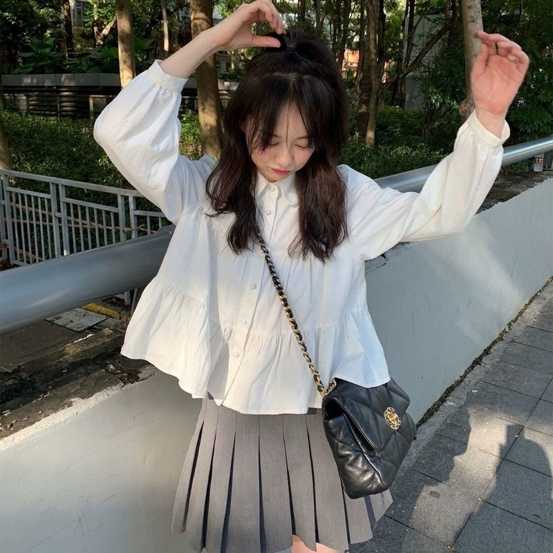 Áo Sơ Mi Cổ Búp Bê Màu Trắng Dễ Thương Phong Cách Nhật Bản