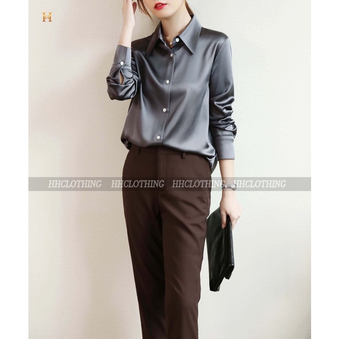 Áo sơ mi lụa trơn dáng basic rộng rão, trẻ trung HH Clothing